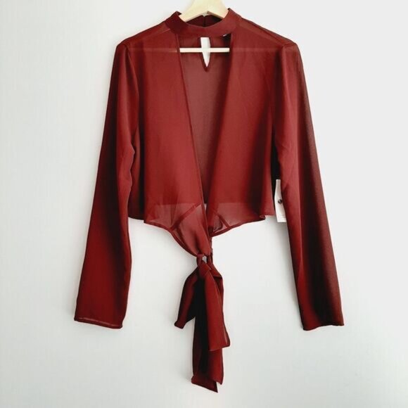 TOBI Wrap Tie Crop Top Semi-Sheer Lightweight Triangle Cut-Out Blouse Sz L - Picture 4 of 16